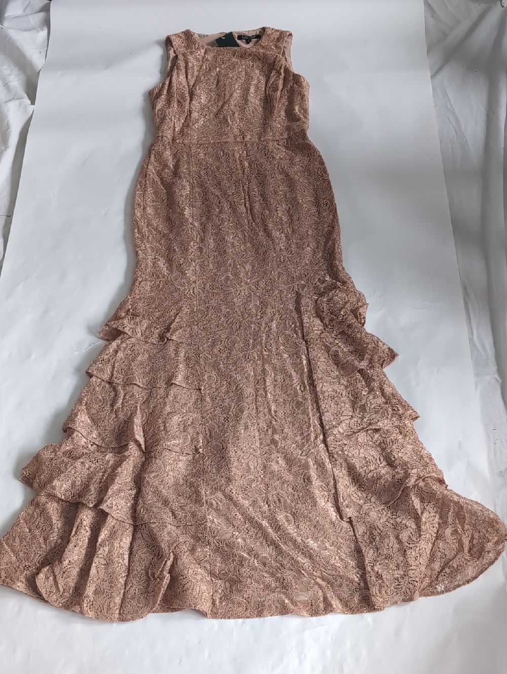 Ralph Lauren Rose Gold Lace Ruffle Sleeveless Maxi Evening Dress